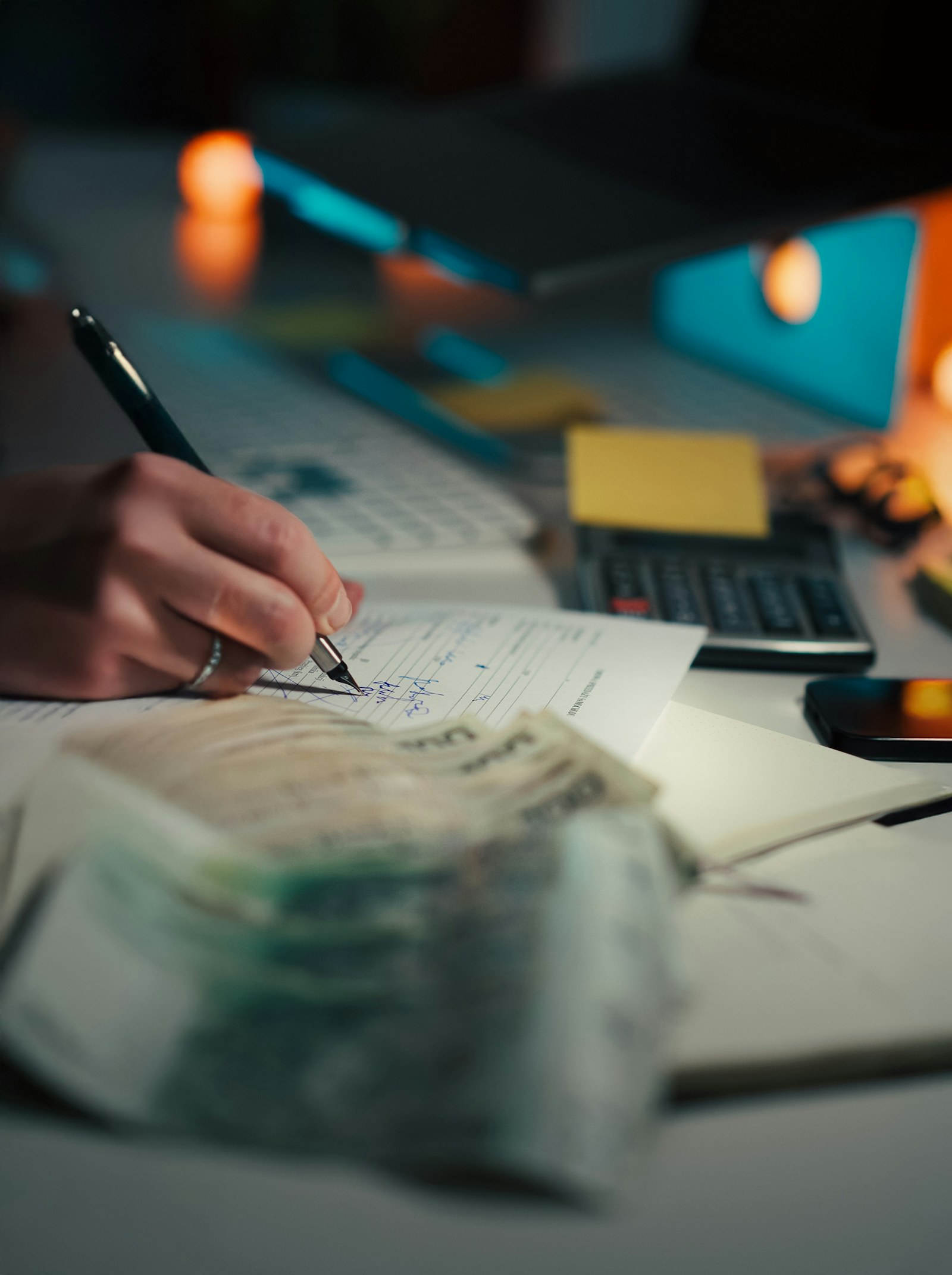 Mão fazendo cálculos com caderno, dinheiro e calculadora