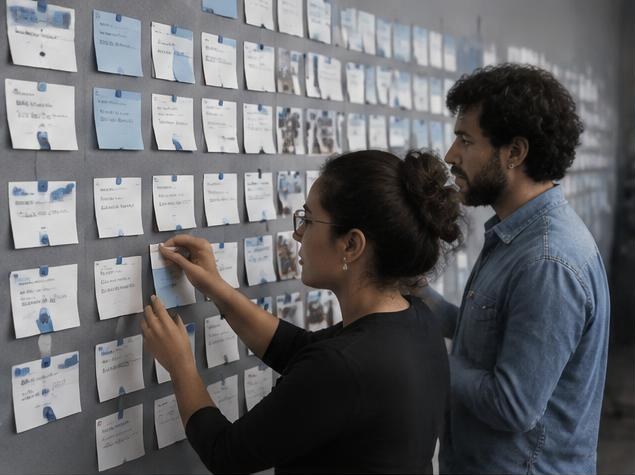 Equipe organizando mensagens e ideias de uma marca em um painel