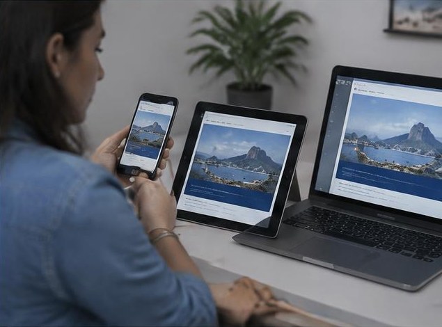 Profissional adaptando o mesmo conteúdo entre celular, tablet e computador