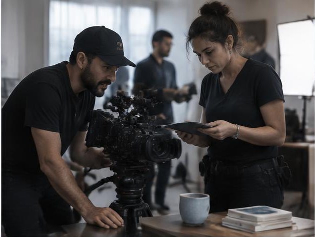 Equipe conferindo detalhes de continuidade junto à câmera durante uma filmagem