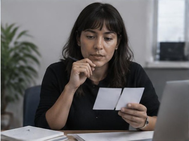 Apresentadora memorizando pontos principais com cartões de apoio