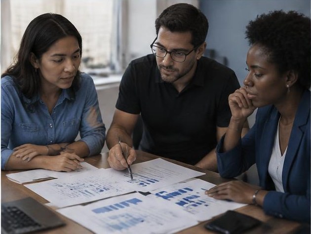 Equipe comparando diferentes modelos de cobrança de serviços criativos
