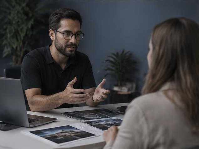 Profissional criativo conversando com uma cliente sobre o valor de um projeto
