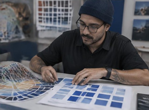 Designer organizando amostras e combinações de cores em uma mesa