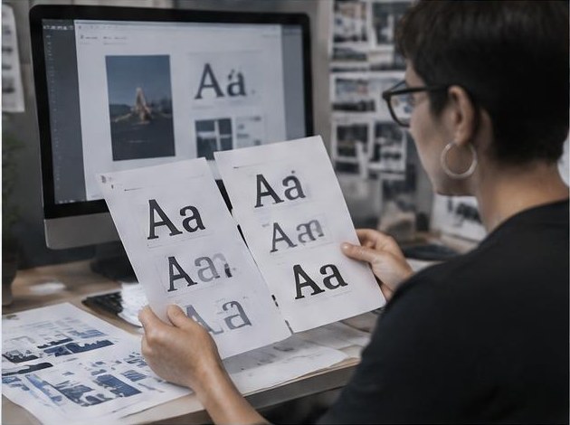 Designer comparando famílias tipográficas impressas diante do computador